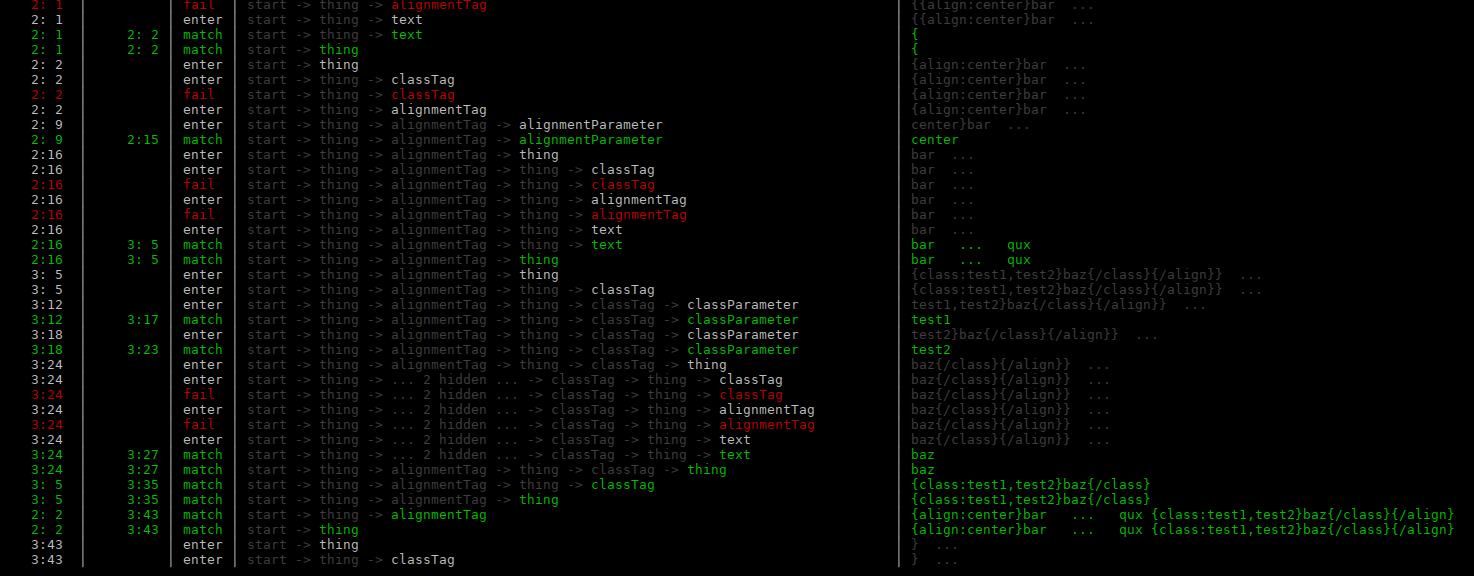 Screenshot of better-peg-tracer on a terminal